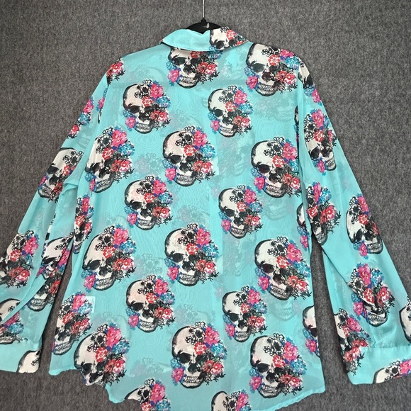 Skull Bongo Plus Blue Sheer Gold Button Top Sz 2X Halloween Day Of The Dead - Picture 10 of 16